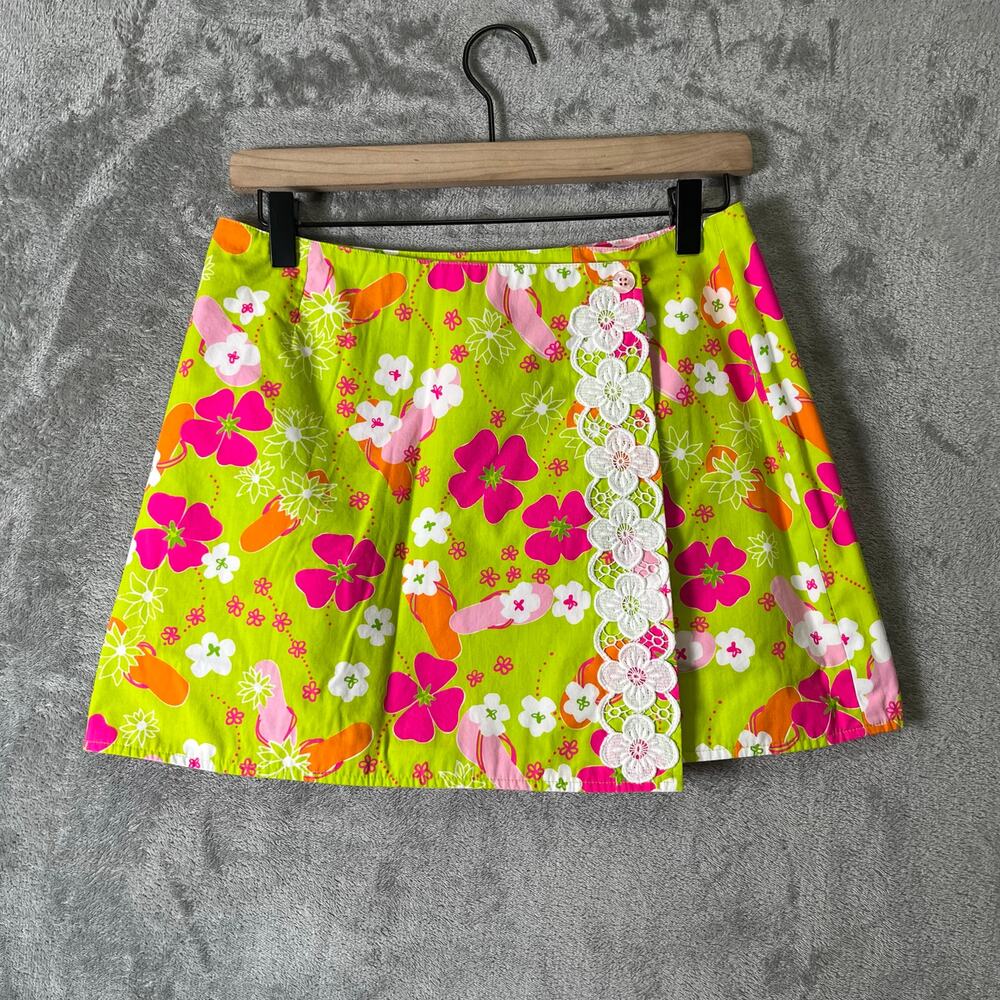 Lilly Pulitzer Reversible Mini Skirt Pink Green Floral Mosaic Print ALine Size 2 - Picture 2 of 6